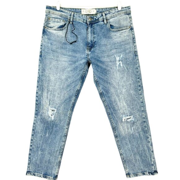 Jeanius Akademiks Mens Distressed Stretch Blue Denim Jeans Sz 36x30 (36X27) NWOT - Picture 1 of 12